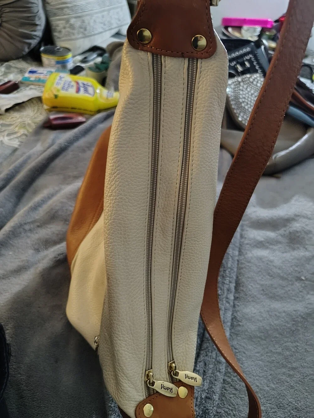 Valentina Cream and Brown Leather Shoulder Bag with Gold Plate